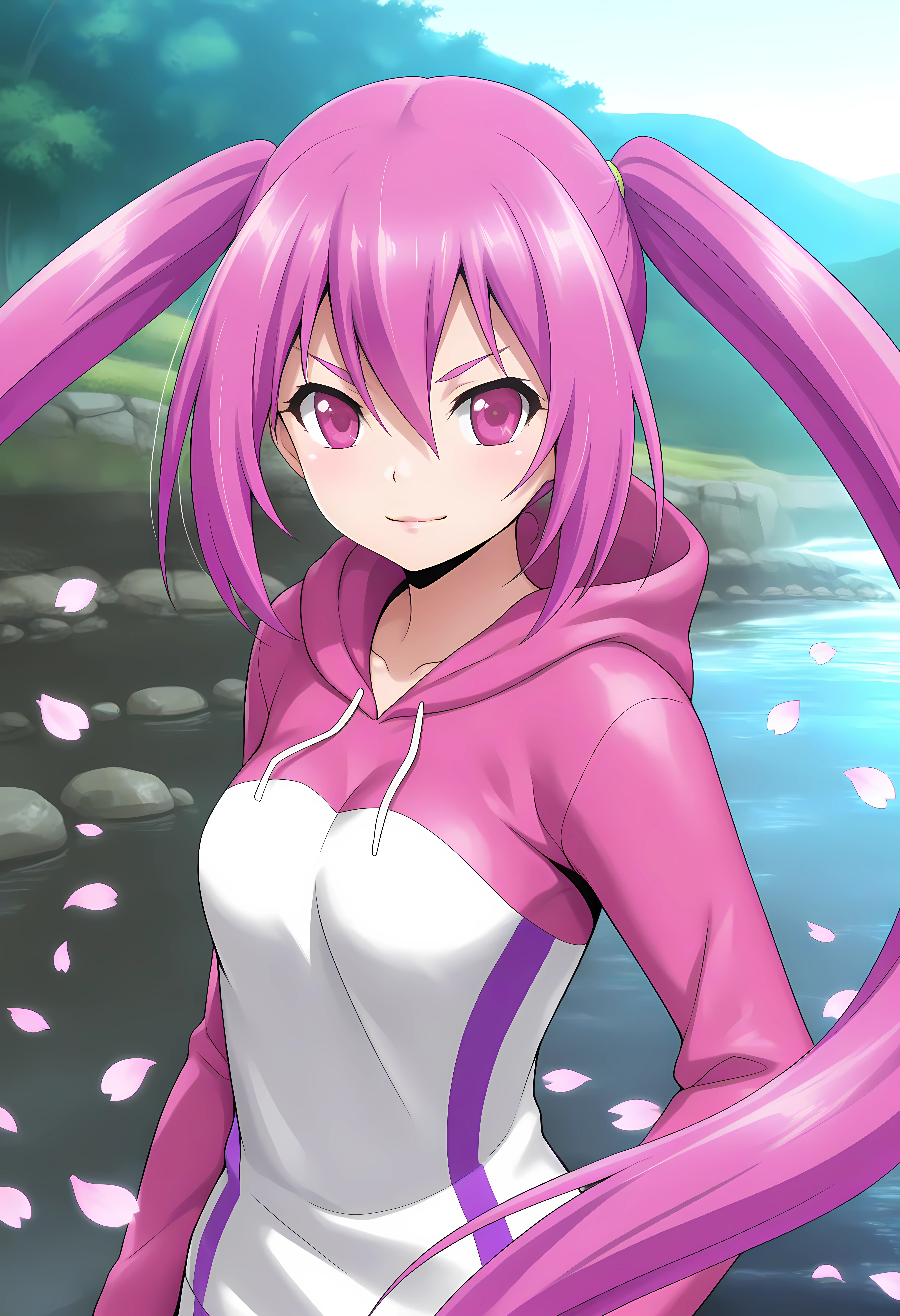 looking at viewer, shiny skin, upper body, light smile, petite,ohwx, long_hair, pink_hair, 1girl, twintails, purple_hair, pink_eyes, breasts, purple_eyes, medium_breasts, large_breasts, hair_between_eyes, very_long_hair, ponytail, v-shaped_eyebrows,hood, hoodie, hood_down, Sakura petals floating on a clear stream, soft sunlight, peaceful and delicate atmosphere,<lora:usagi_tsukishita_illustrious_sobsynapse-000003:1>