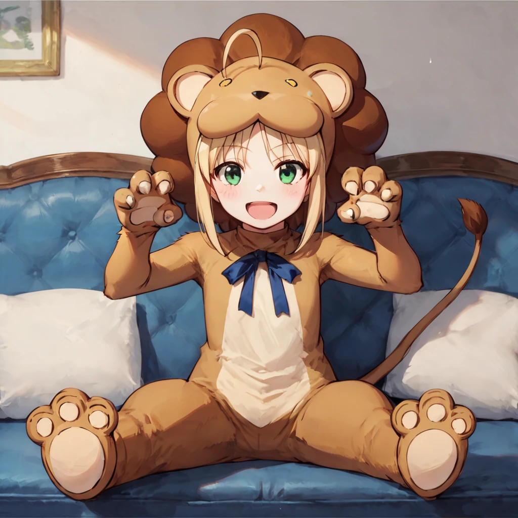 score_9, score_8_up, source_anime, masterpiece,
1girl, saberLion, solo, lion costume, blonde hair, sitting, green eyes,open mouth, happy, paw pose, blush, bow, ahoge, looking at viewer,
in couch, indoor, detailed background, <lora:saber lion test0.1:0.9>