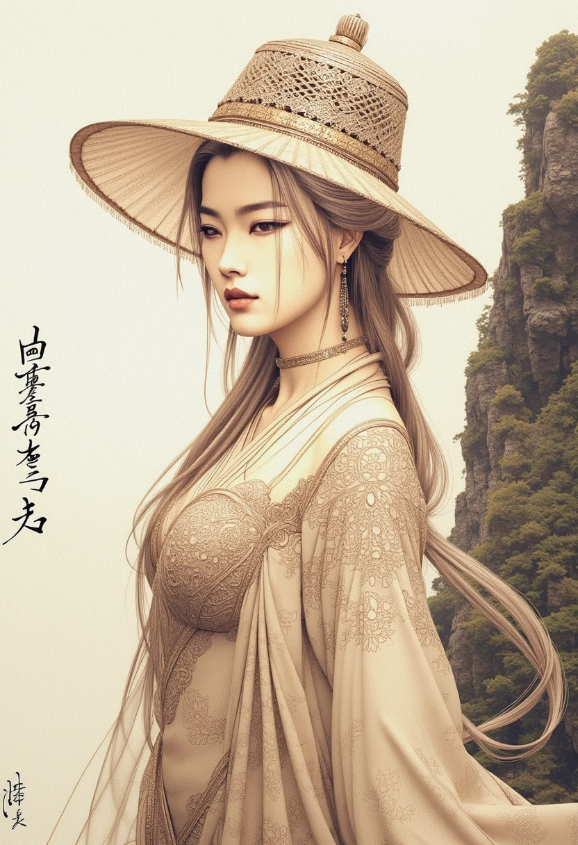 The image is a digital drawing in a highly detailed, traditional Japanese style, specifically a mix of ukiyo-e and modern digital art of imaginative, Beautiful palla with intricate lacework and delicate fringed edges, Maven, Tall, Wide Hips, Heart-Shaped Face, Fair Skin, Platinum Blonde Hair, dark brown Eyes, Long Nose, Thin Lips, Prominent Chin, Long Hair, Curly Hair, Long Wavy Hair, full breasts, Drop earrings, beige matte lipstick, Ancient ruins perched on the edge of a breathtaking cliff