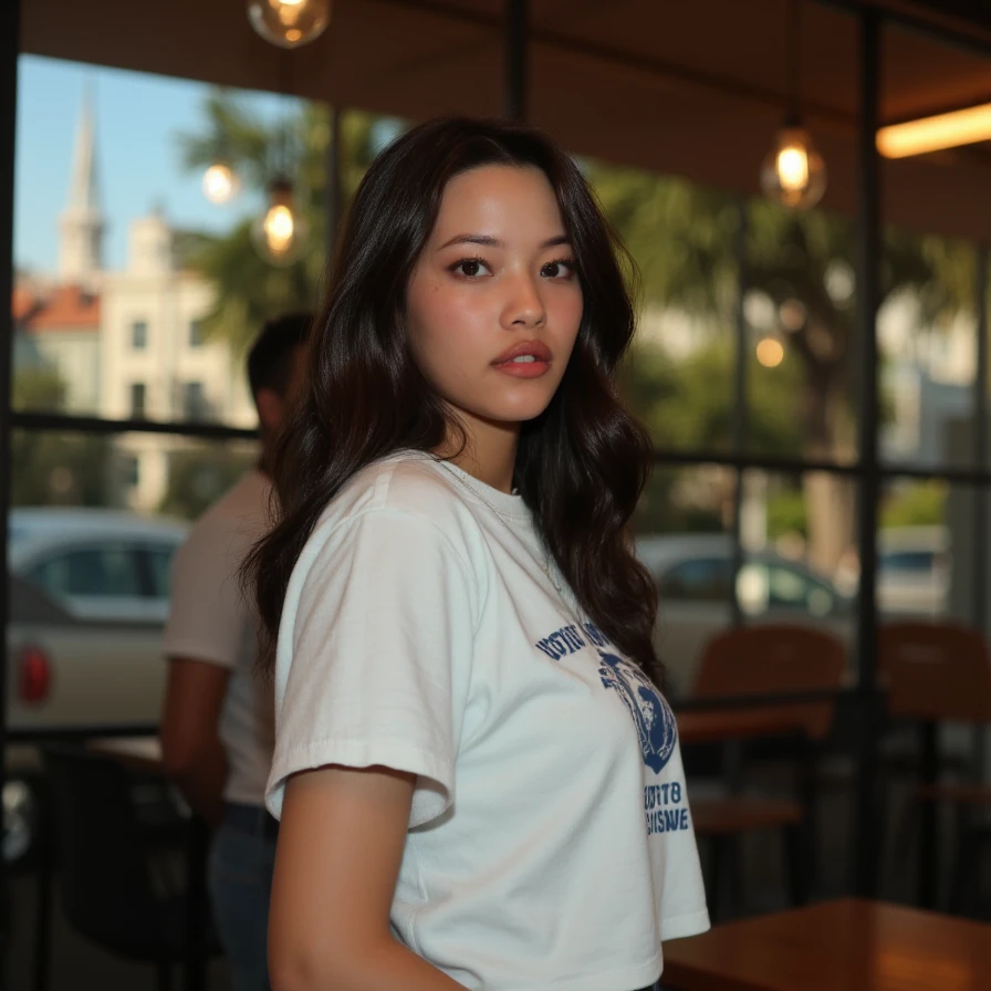 (A cinematic shot of <lora:Sunjos_asmr:1> a young woman with a light to medium skin tone. a stunning female model, wavy hair, makeup and mascara. She is wearing a t-shirt and jeans, standing in cafe looking at the viewer)