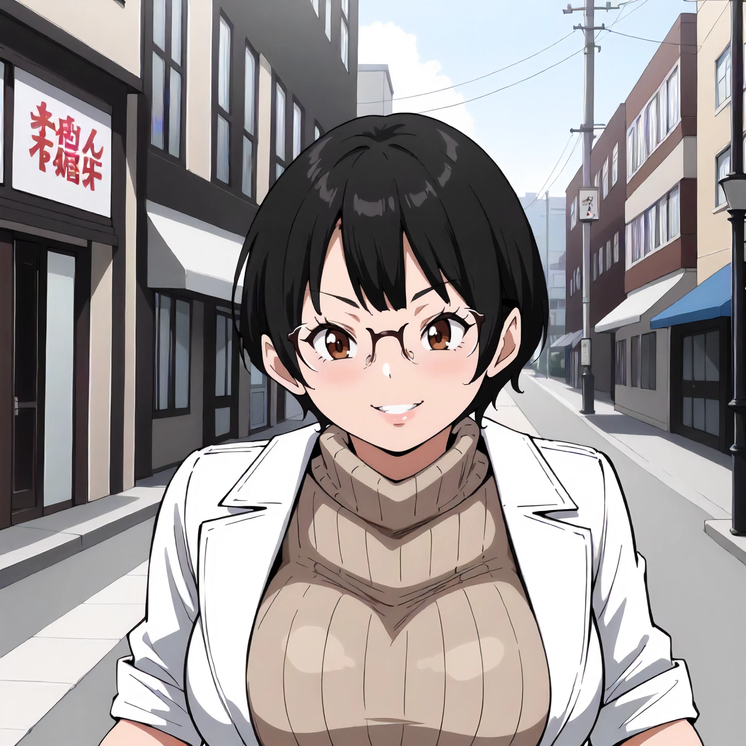 <lora:BnHgDR_SayaSakariXLpony001>,
outdoors,
smile,
solo,
SayaSakari,1girl,black hair,short hair,brown eyes,eyewear,
large breasts,
turtle neck sweater,white coat,sleeves rolled up,