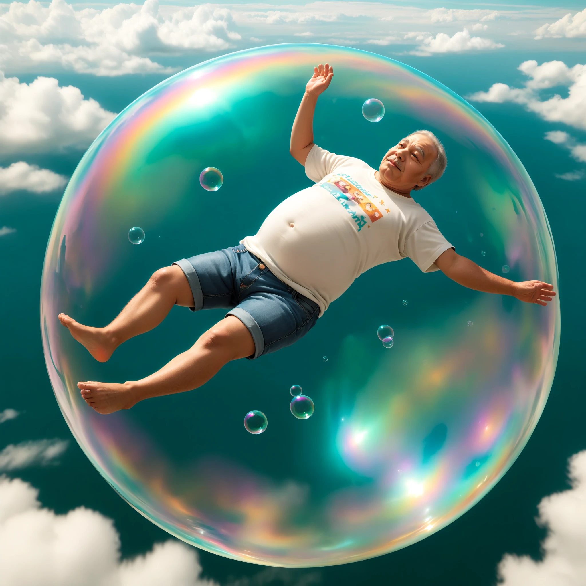 <lora:iridescent_bubble_SDXL:0.7>, iridescent bubble, old man, floating, full body, fat man, t-shirt, denim, realistic, day, sky, lying