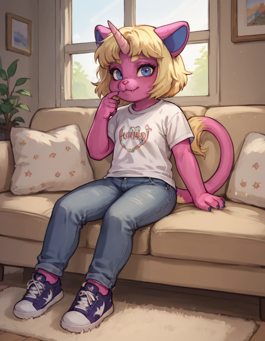 score_9, score_8_up, score_8, score_7
 <lora:Mitsy_Lune_Itsymitsy_for_PonyXL:0.8> 1girl, furry female, m1tsy, horn, tail, blonde hair, animal ears, young, colored skin, solo, blue eyes, shirt, jeans, sneakers
sitting on couch, living room, window,