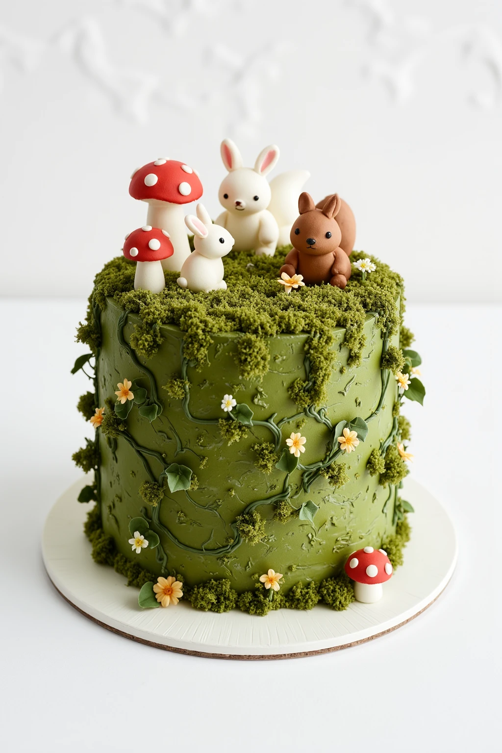 CynthiaCake.Create a single-tier cake that represents a whimsical forest setting. Cover the cake in moss-green icing with textured finishes to resemble forest ground. Decorate the top with tiny edible mushrooms in red and white, and add small edible woodland animals such as rabbits and squirrels **** from fondant. Use edible sugar vines cascading down the sides and accent with small edible flowers for a touch of enchantment.