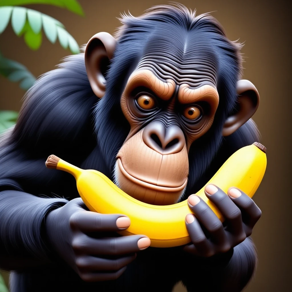 a chimpanzee holding a banana with a puzzling look. jungle.
. natural lightsource