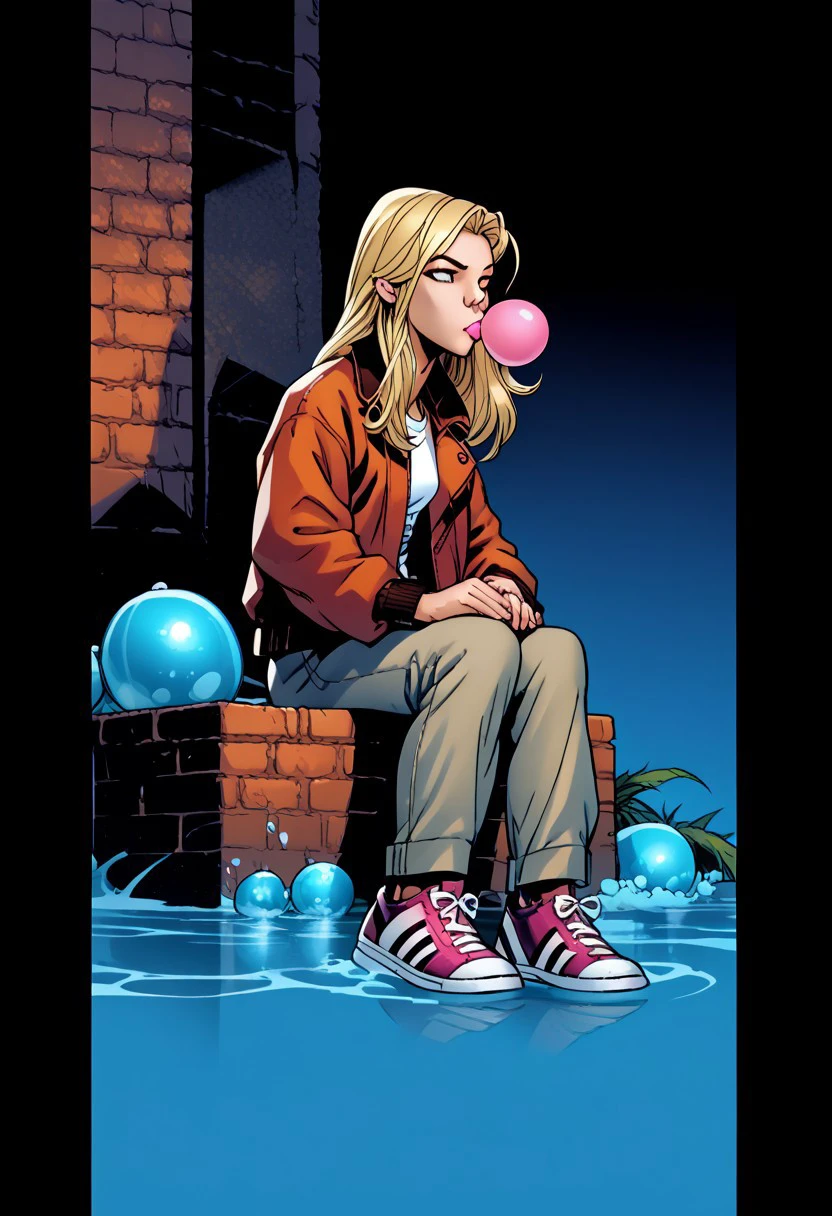PonyXLV6_Scores BREAK b4ch3l0, 1girl, chewing gum, bubble blowing, solo, sitting, jacket, shirt, pants, weapon, sword, long hair, shoes, blonde hair, water, horns, sneakers, comic art style, source_cartoon