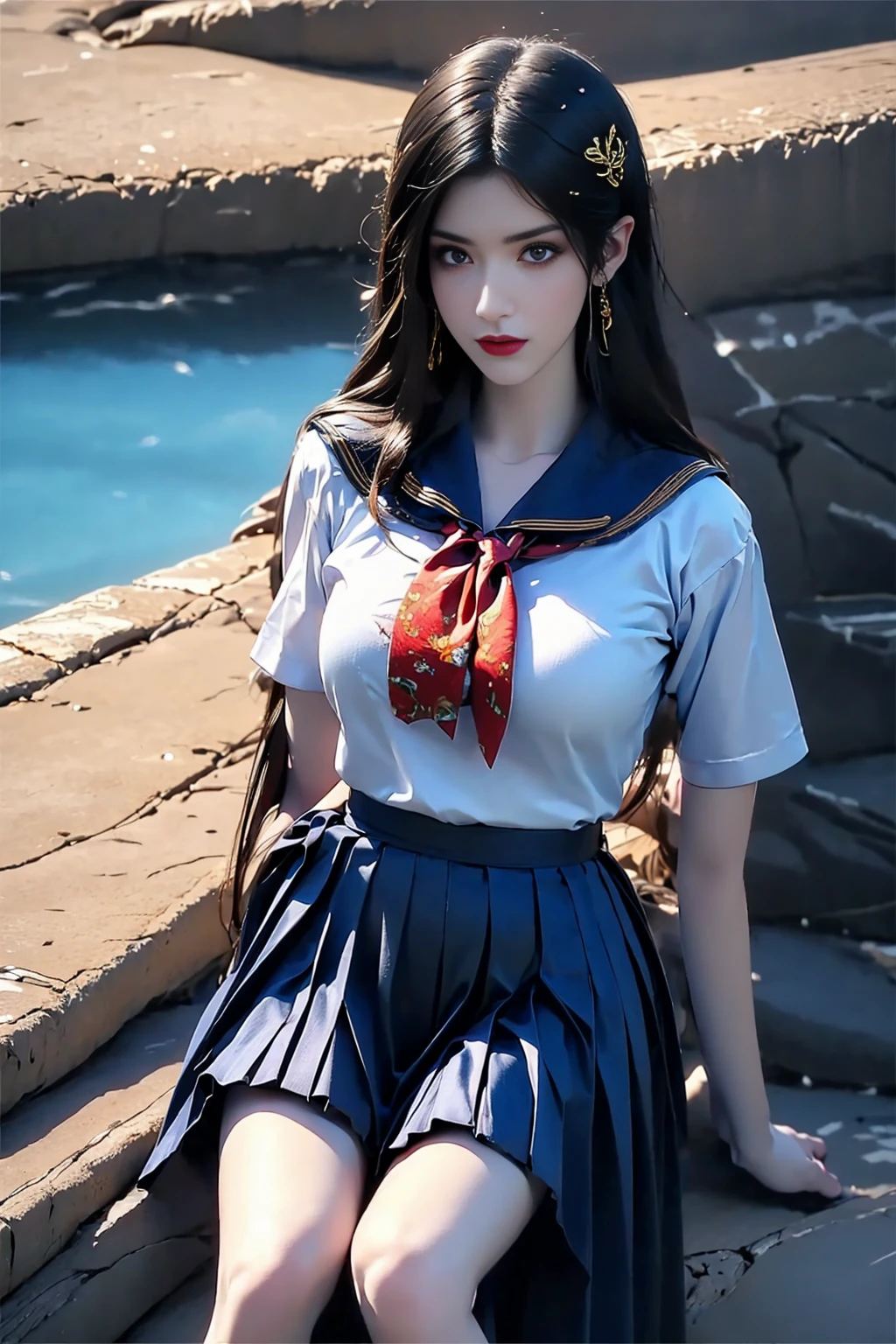 masterpiece,best quality,extremely high detailed,intricate,8k,HDR,wallpaper,cinematic lighting,(universe:1.4),Huge chest,1girl,solo,school uniform,skirt,bag,serafuku,outdoors,blue skirt,short sleeves,blurry background,looking at viewer,shirt,sailor collar,blurry,pleated skirt,sky,day,white shirt,smile,neckerchief,brown eyes,blue sky,ocean,standing,realistic,blue sailor collar,hair ornament,feet out of frame,long hair,<lora:å¾å°½å¤©ä¸å½é£æ°´å¢¨Lora:0.6>,<lora:jké»ä¸:0.7>,<lora:ç¾æèXXMix:0.8>,