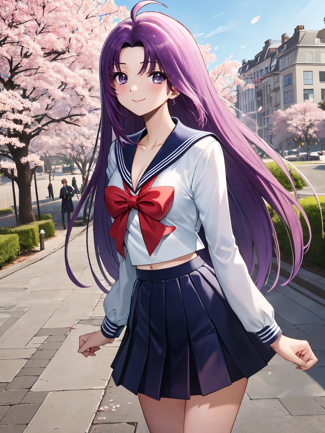 <lora:Hazuki_Izuna_RI_0R:0.7>
hazukiizuna, purple hair, long hair, sidelocks, ahoge, purple eyes
serafuku, school uniform, white shirt, blue sailor collar, red bowtie, blue skirt, legs
masterpiece, best quality, ultra-detailed, detailed, detailed skin, absurdres, 8k, digital art
1girl, solo, facing viewer, standing, looking at viewer, smile, standing, cowboy shot
(outdoors, park, city, building, tree, bush, flower bed, street, stone floor, cherry blossoms)