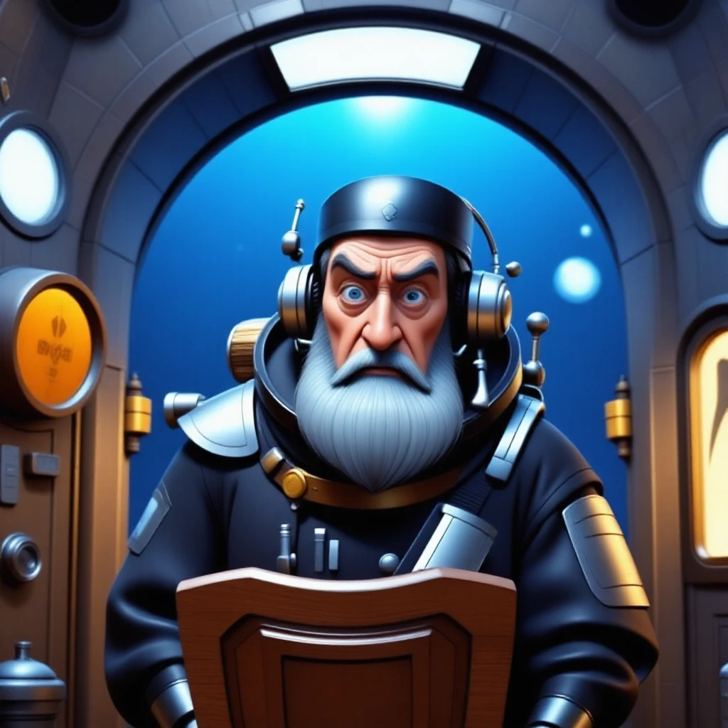 photo focus on male focus, indoors, realistic scenery, (grey beard old captain nemo:1.1), looking at viewer , close-up, arch, chair, loaded <Nautilus submarine interior>, military uniform combined with diving suit, steampunk nautilus-style. very wide shot, character photo portrait, film, professional, 4k, highly detailed


, cinematic 18k film, art photo, dawn, realistic professional, snapshot, 
 diffuse light and shadows, reflections, art 
backlight. natural lightsource