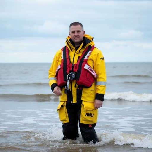 A man wearing a british rnli uniform with "RNLI" written on it standing in the sea on a beach