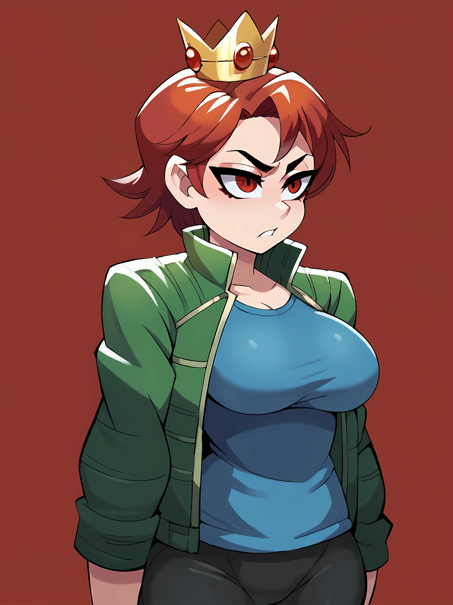 score_9, score_8_up, score_7_up, score_6_up, score_5_up, raichiyo33, 1girl, curvy, red background, solo, 1girl, Enti, red eyes, Short Hair, Red Hair, jacket, green jacket, shirt, blue shirt, bike shorts, upper body, crown, mature female, serious,   <lora:Enti-05:1>,  <lora:SchpicyStyle-03:1> Schp1cy