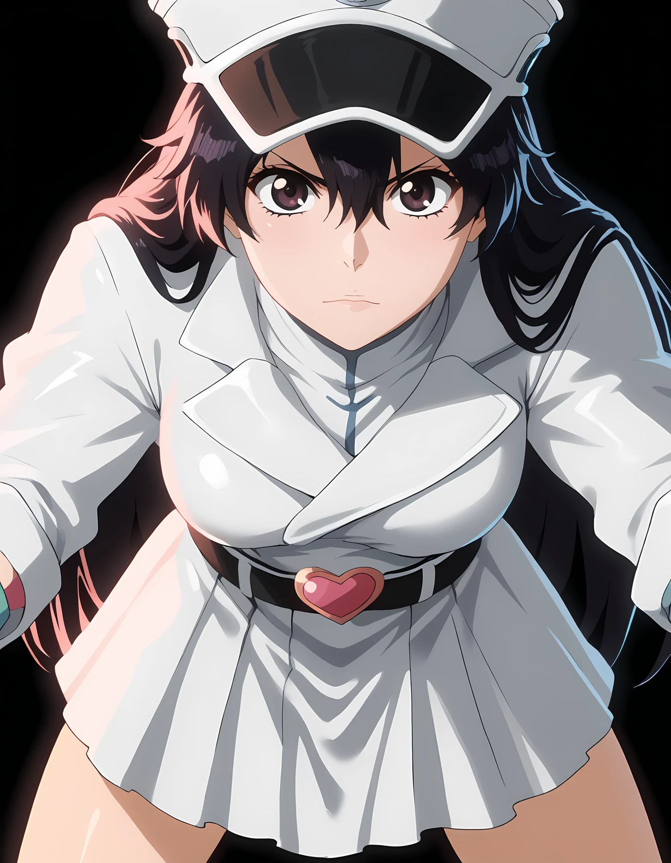 <lora:Bambietta_Basterbine_Bleach:1>simple black background,
bambietta_basterbine, 1girl, black hair, long hair, hair between eyes,
white peaked cap, white gloves, white jacket, white skirt, black belt, heart belt buckle, pink clothing accents,
looking at the viewer,  standing, leaning forward, looking down at the viewer