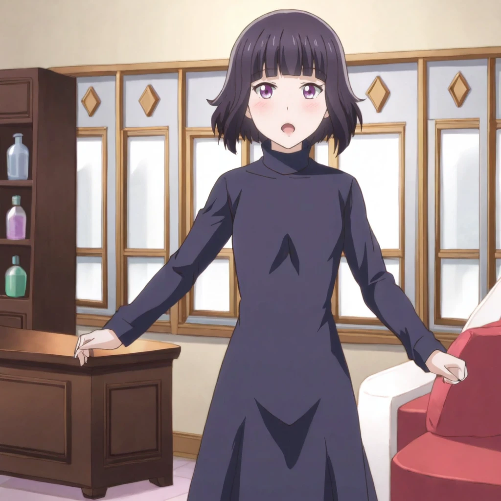 <lora:majo_pony_v1:0.8>MajoDress, 1girl, purple eyes, black hair, short hair, black dress, long sleeves, blunt bangs, long dress, turtleneck, cowboy shot