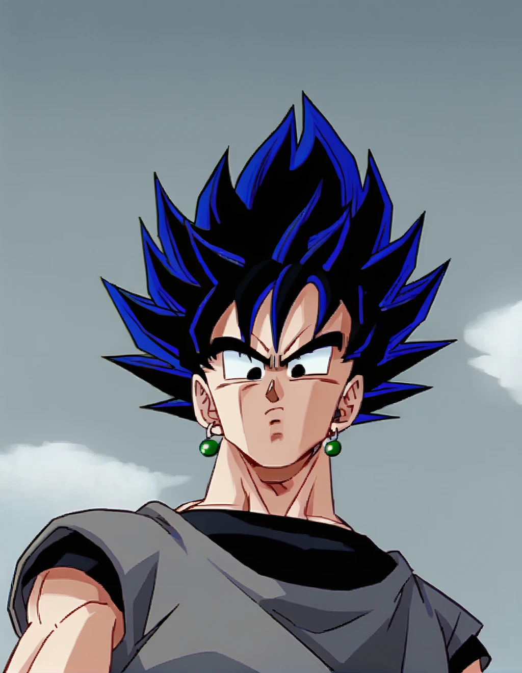 <lora:DBZ-07:1>, dbzstl, goku black, 1guy, black hair, black eyes, blue hair highlights, seirous, looking down, evil, grey overshirt, black undershirt, dark clothes, single earring, spiky hair, goku hair, grey sky, from below, solo