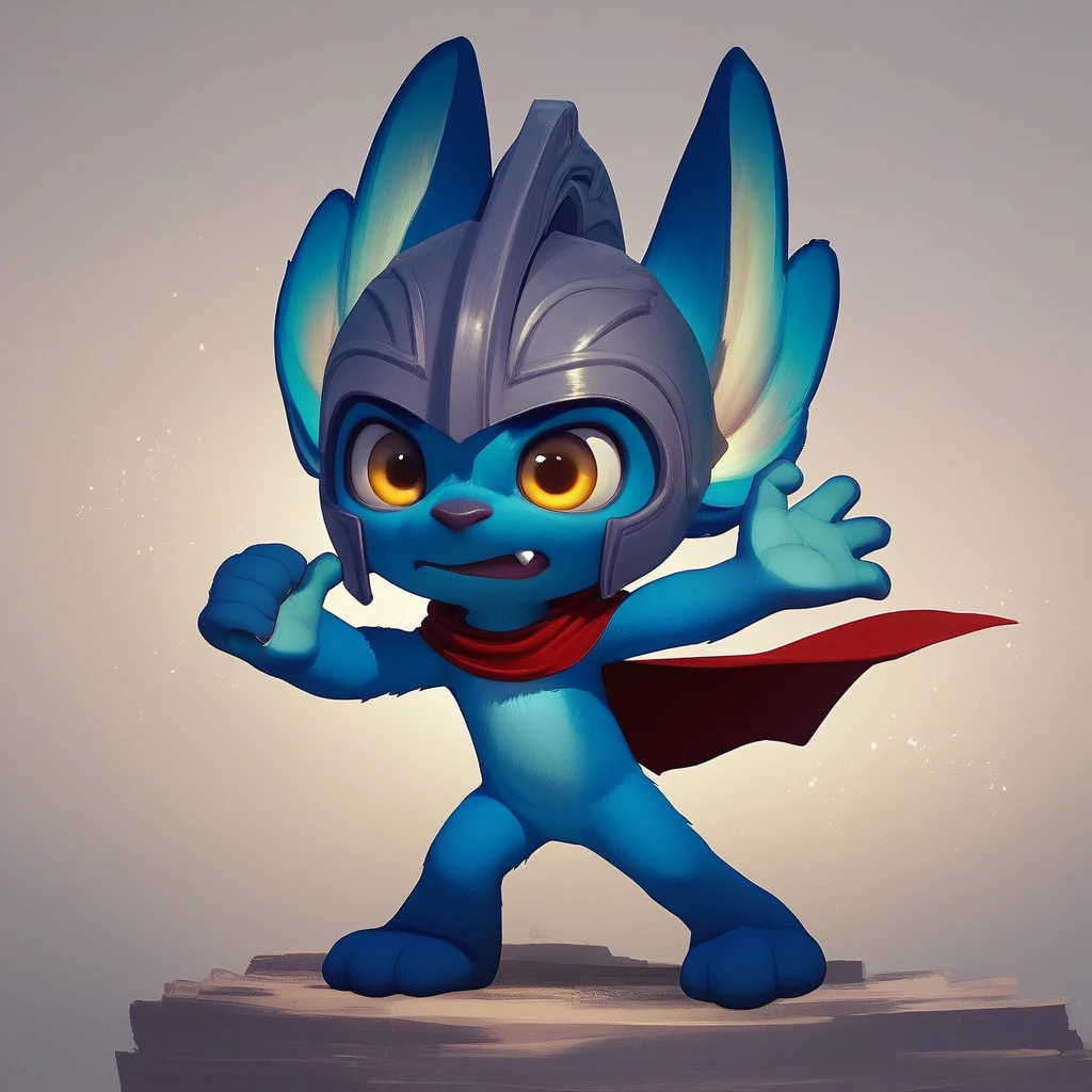 Harper, Anthro, male, yellow eyes, blue fur, big ears, fang out, red cape, helmet, standing, dynamic pose, score_9, score_8_up