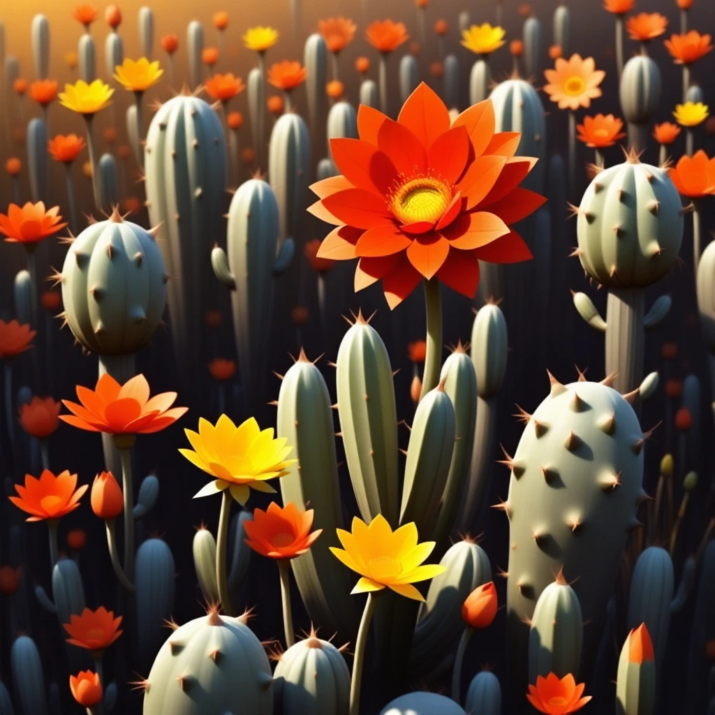 a cartoon lush flower in cactus garden. autumn.
. natural lightsource