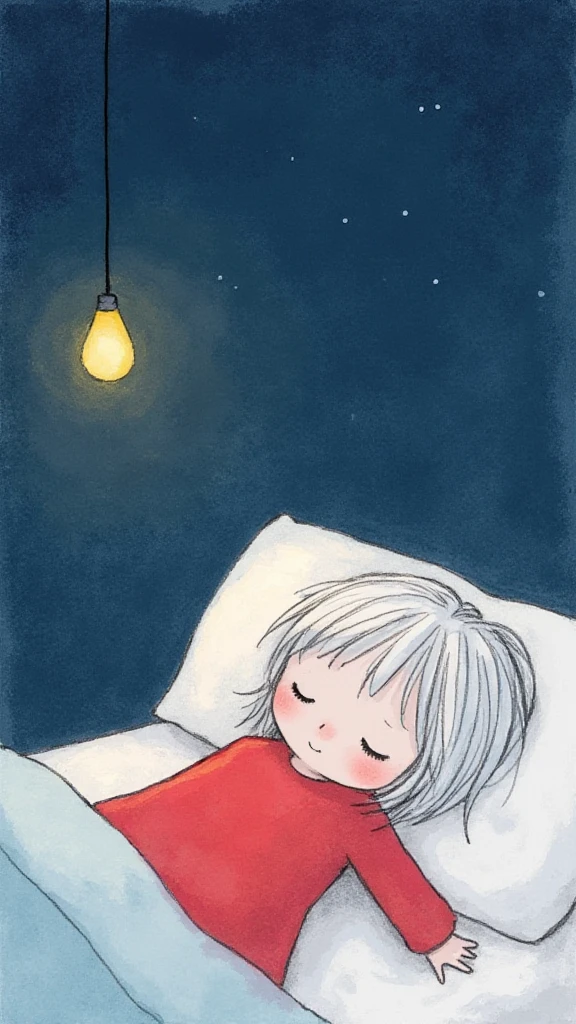 pencil draw line,pencil draw line,a red shirt girl sleep on bed,night,bulb,