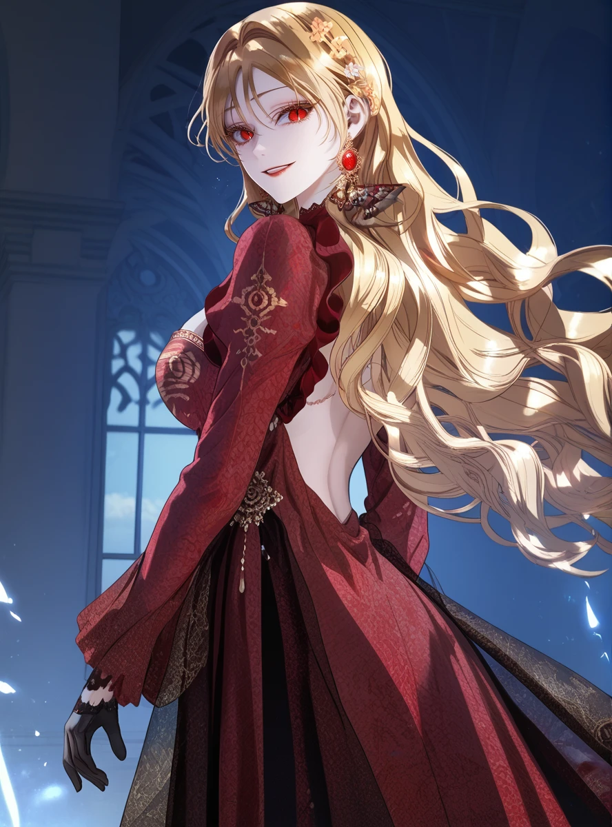 better skin,(score_9_up:1.2),(score_8_up:1.2),(score_7_up:1.2),expressiveh, ,1girl,Masterpiece,(perfect female body:1.2),(detailed hair), detailed background,thick thighs, big breasts,wide hips, small waist, detailed skin, looking at viewer, big breasts, (4k),(incredibly detailed:1.4), perfect anatomy, correct sense of scale, side lighting, feminine body, shiny skin, high layer, high layer long, slim, constricted waist, nice body, lips, Sexy mouth, neatly drawn nose, beautiful fingers, beautiful white skin, Beautiful clear skin, 1girl, smile, standing, facing viewer, looking at viewer,<lora:Roxana_Agrece_-_PONY-Kaleid:1> Roxana agrece, 1girl, long hair, yellow eyelashes, slit pupils, bangs, red eyes, blonde hair, gem, earring, hair ornament, flower, lipstick, red dress, black gloves, long sleeves, red lips, looking back, from behind,