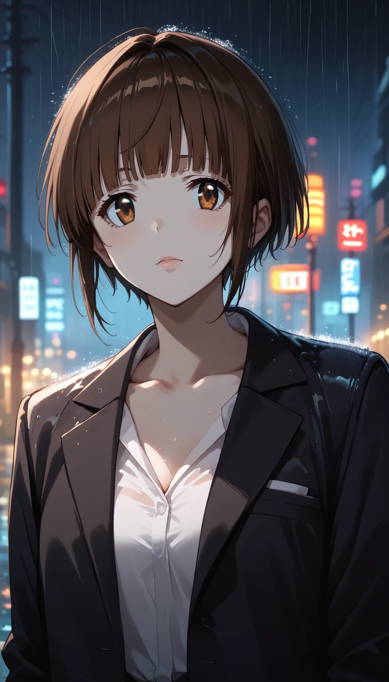 score_9, score_8_up, score_7_up, score_6_up, source_anime, absurdres, highres, sharp detailed, 4k, 8k, 16k, official art, sharp focus, character focus,
tsunemori akane, 1girl, solo, looking at viewer, closed mouth, short hair, shirt, brown hair, brown eyes, jacket, collarbone, white shirt, upper body, blunt bangs, formal, suit, rain,
city, outdoors, night, dark theme, black theme, rising particles, glowing particles, depth of field, science fiction <lora:Akane_Tsunemori__Psycho-Pass:1.0> <lora:AuraGlow_Style_v2:1.0>