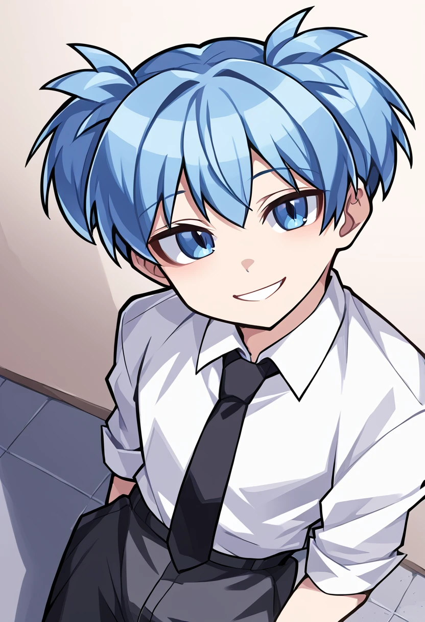 <lora:nagisa01:1> <lora:arang02:0.8>, 1 boy, blue hair, blue eyes, short twintails, smile, high angle, white shirt, black tie, collared shirt, looking at viewer,