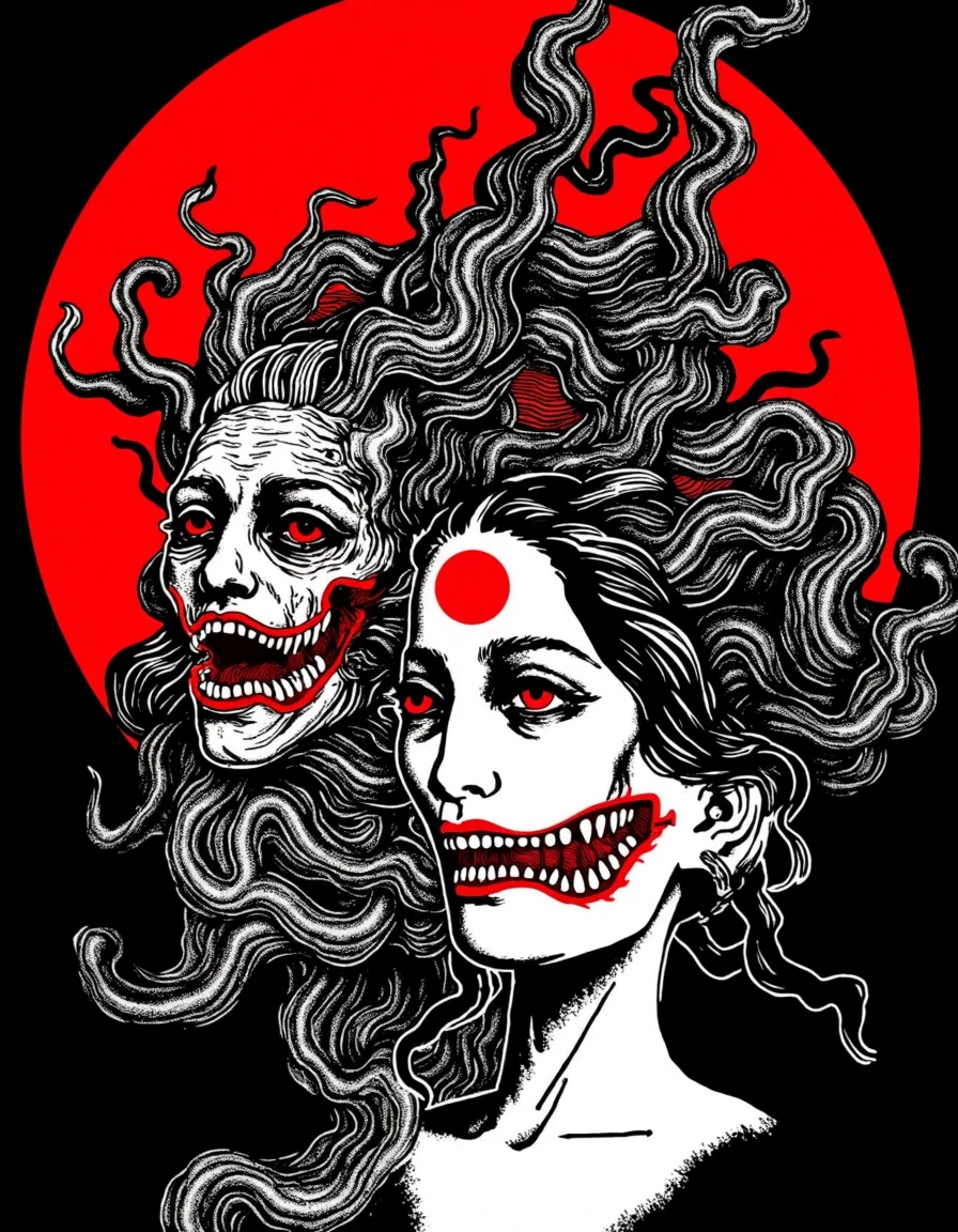  ishin_japanhorror , woman and japan demons, monster, horror theme, ultra detailed vector art