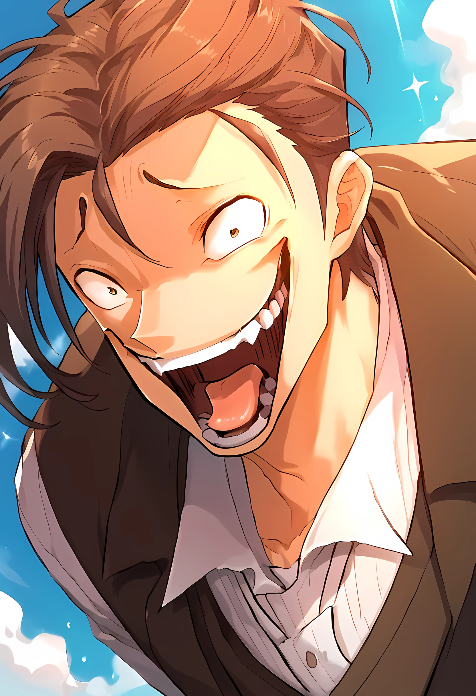 score_9, score_8_up, score_7_up, 1boy, solo, brown  hair, vest, tie, jacket, laugh, lloyd frontera expression, silly face, wide eyes, open mouth, teeth, tongue, dynamic angle <lora:Lloyd_Frontera_Expression:1>