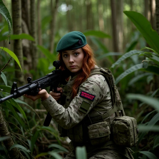 The image is a high-resolution photograph featuring a young woman with red hair in military attire. The subject is a soldier from the Royal Marines Commando, as indicated by the insignia on her uniform and the patch on her sleeve. She is standing in a jungle setting, with thick brush and leaves all around her. The soldier is wearing a camouflage uniform, which includes a dark green beret. She is holding a rifle, and her eyes scan the undergrowth for signs of movment