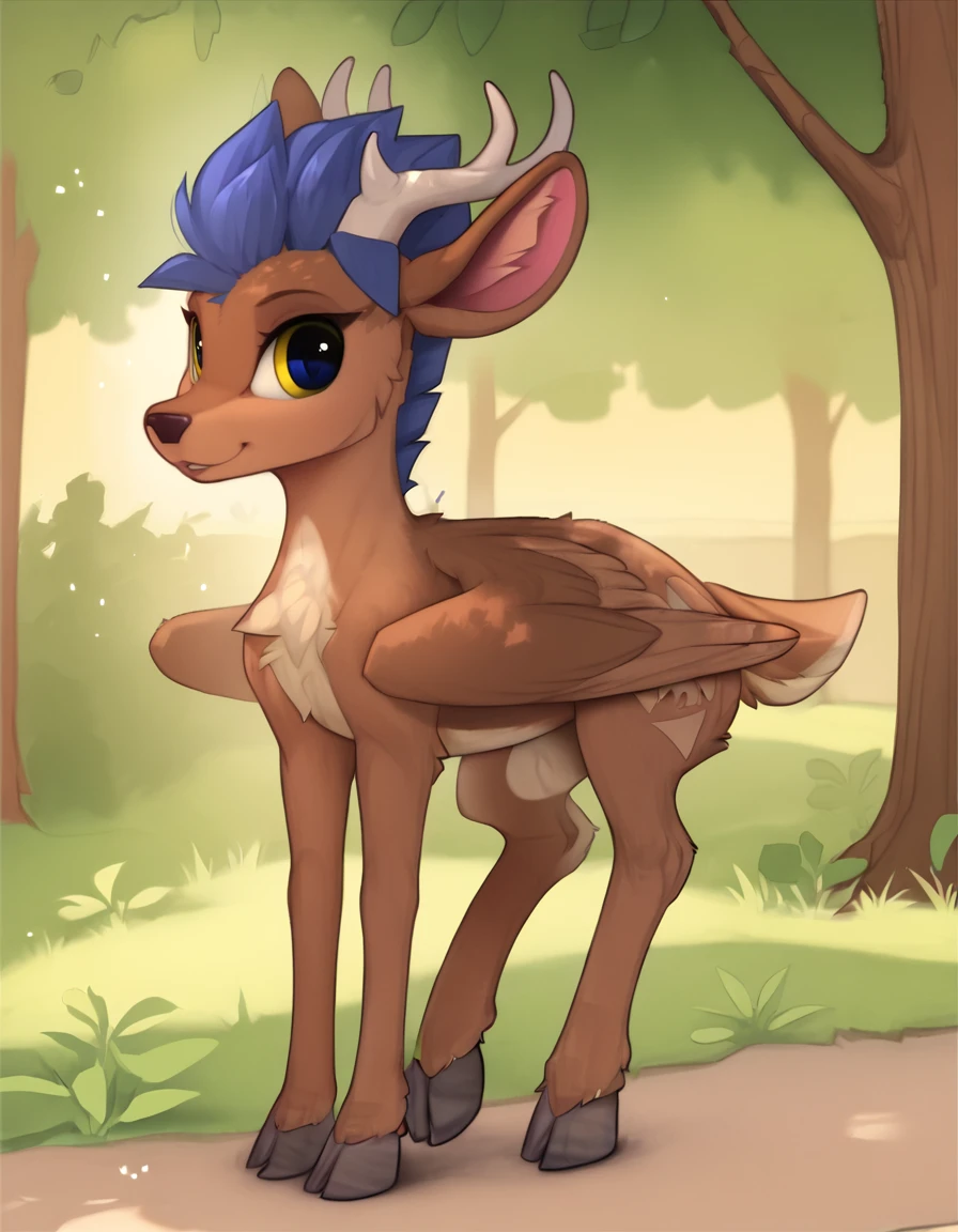 outdoors,detailed background,park,
Amy,1girl,solo,blue hair,deer ears,antlers,tail,furry female,snout,brown fur,blue eyes,animal nose,two-tone fur,yellow sclera,short hair,colored sclera,feathered wings,
full body,seductive smile,long eyelashes,parted lips,
<lora:Amy_v01_PDXL:1>,