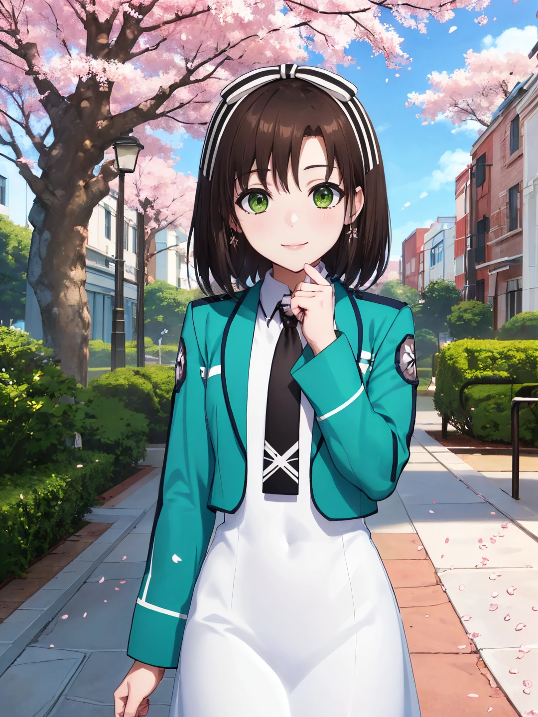 <lora:Saegusa_Izumi_0R:0.7>
saegusaizumi, brown hair, medium hair, green eyes, white hair ribbon
first high school uniform, green jacket, white dress, (long skirt:1.2), black necktie, long sleeves
masterpiece, best quality, ultra-detailed, detailed, detailed skin, absurdres, 8k, digital art
1girl, solo, facing viewer, standing, looking at viewer, smile, standing, cowboy shot
(outdoors, futuristic, science fiction, park, city, building, tree, bush, flower bed, street, stone floor, cherry blossoms)