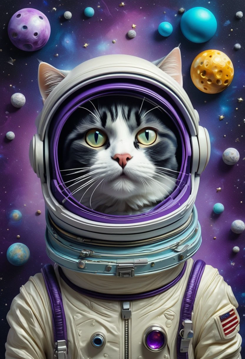 Odd Portrait of a Cat Astronaut, Abstract Satin Texture, Deep Gradients of Starry Black, Galactic Purple, and Cosmic Blue, Floating Among Planets with Cheese Moons and Floating Fish, Glossy Finish, Radiating an Adorably Absurd Space Exploration Vibe