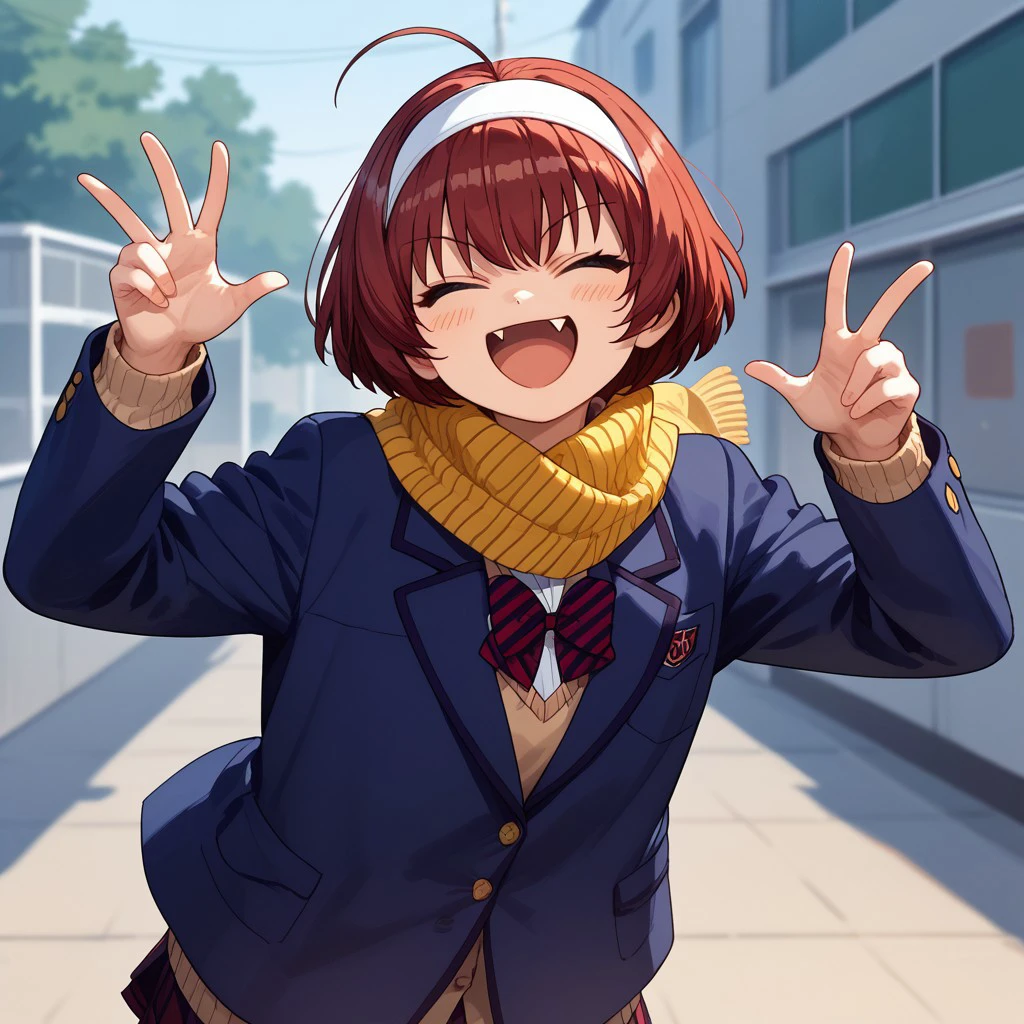 score_9, score_8_up, score_7_up, akakoonigashima, 1girl, (fullbody), school uniform, jacket, short hair, red hair, ahoge, happy, eyes closed, one fang, hairband, scarf