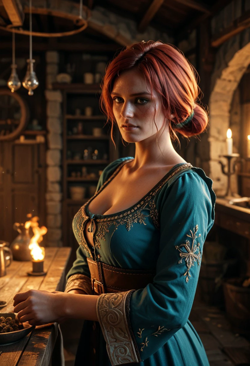 score_9, score_8_up, score_7_up Triss Merigold brewing a powerful elixir in a hidden Novigrad cellar, magical runes glowing softly around her.