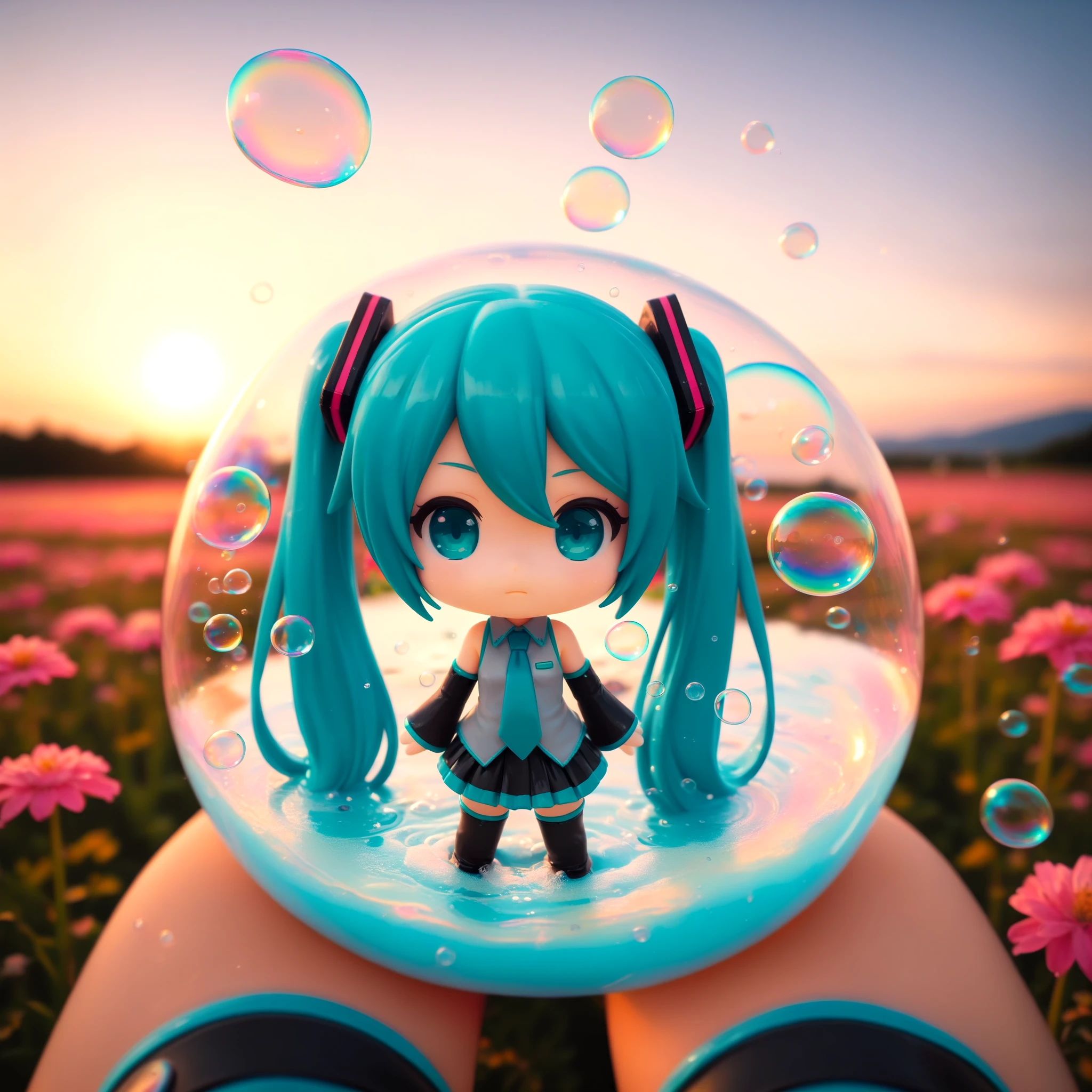 <lora:iridescent_bubble_SDXL:0.7>, 1girl, solo, long hair, chibi, black footwear, blurry, aqua eyes, blue sky, zettai ryouiki, sleeveless shirt, aqua hair, depth of field, blurry background, swept bangs, pov, ocean, thigh boots, expressionless, iridescent bubble, aqua necktie, twilight, flower field, no mouth, evening, soap bubbles, colorful, ambiguous gender, puddle, gradient sky, female pov, sunrise, hatsune miku, RBBL