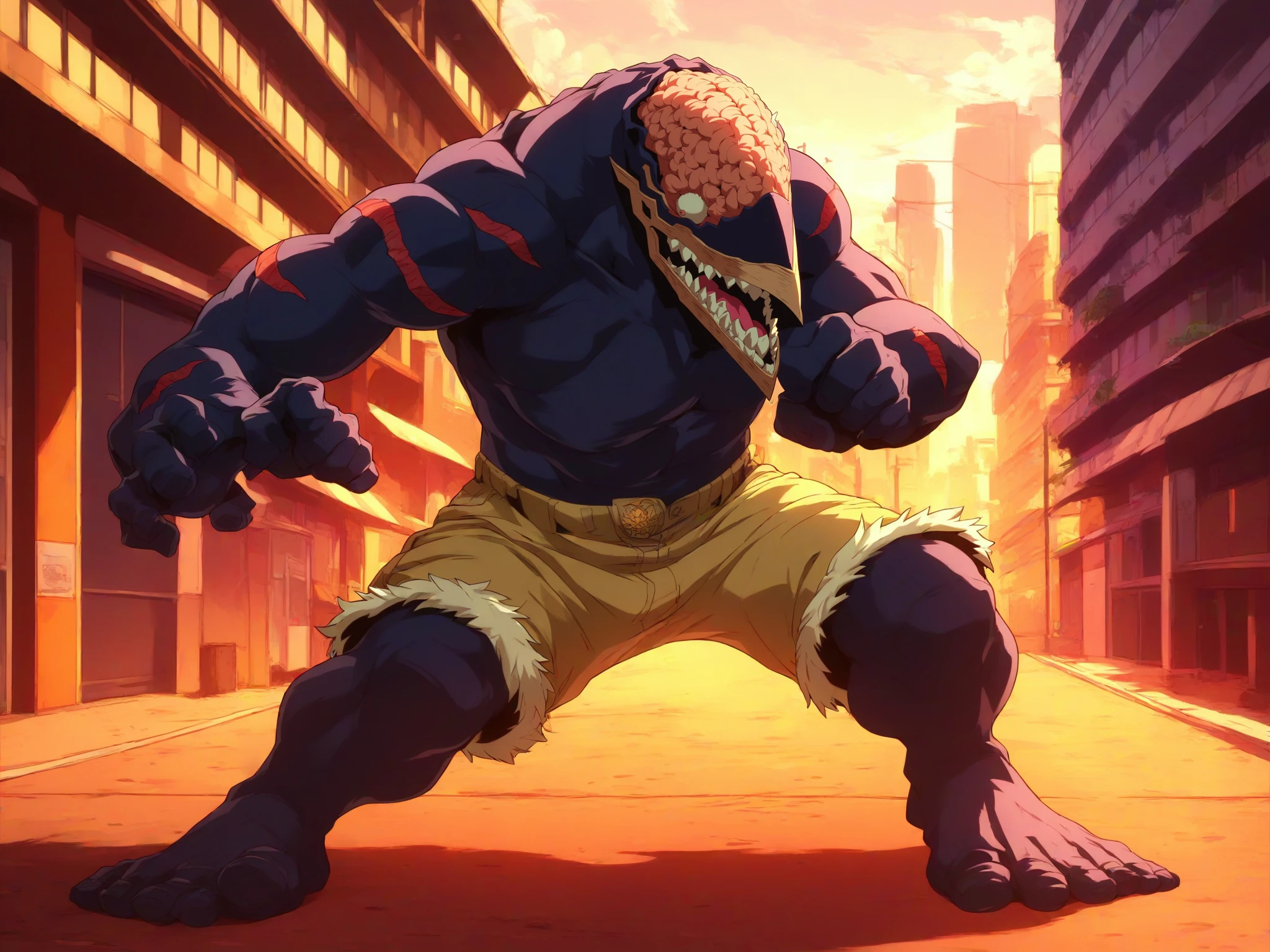 <lora:My_Hero_Academia:0.6> , score_9, score_8_up, score_7_up, score_6_up, city street, action pose, 
<lora:Nomu_-_My_Hero_Academia_-_JSA_Arc:1> nomu, brain, colored skin, scars, 1boy, solo, sharp teeth,monster,