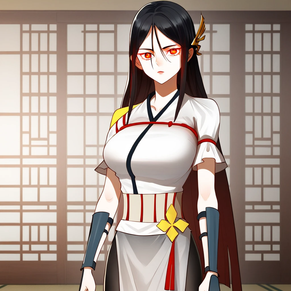 score_9_up, score_8_up, BREAK, MulanXuanwu, 1girl, solo, black hair, multicolored hair, long hair, red eyes, chinese clothes, cowboy shot, <lora:MulanXuanwu_SurviveAsTheHeroHusband_PXL_Leaf2:1>, looking at viewer,  indoors,