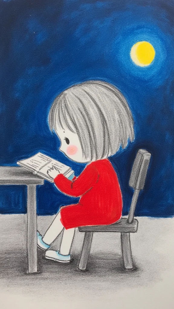 pencil draw line,pencil draw line,a red shirt girl sit on chair,desk, reading book,night, moon