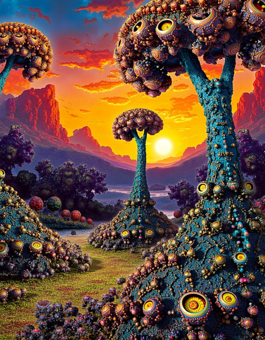 still life art by Bill Berkey and Ed Roth, An ilak style alien landscape with ilak style trees and flowers.  Sunset light.   Inspired by ilak.  Lighting as if the sun had set outside. Scottish colourist, still life, sharp focus, intricate and detailed illustrations, fantasy and retro-futurist themes and style.  