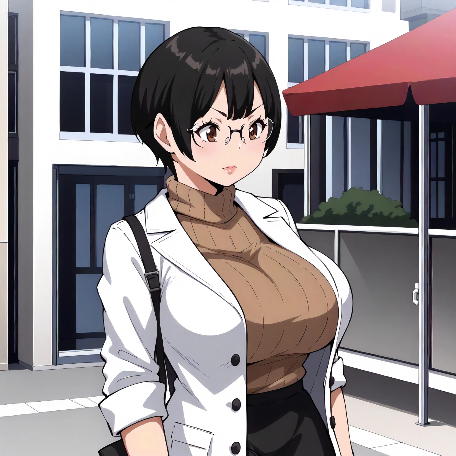 <lora:BnHgDR_SayaSakariXLpony001>,
outdoors,
solo,
SayaSakari,1girl,black hair,short hair,brown eyes,eyewear,
large breasts,
turtle neck sweater,white coat,sleeves rolled up,
black skirt,
standing,