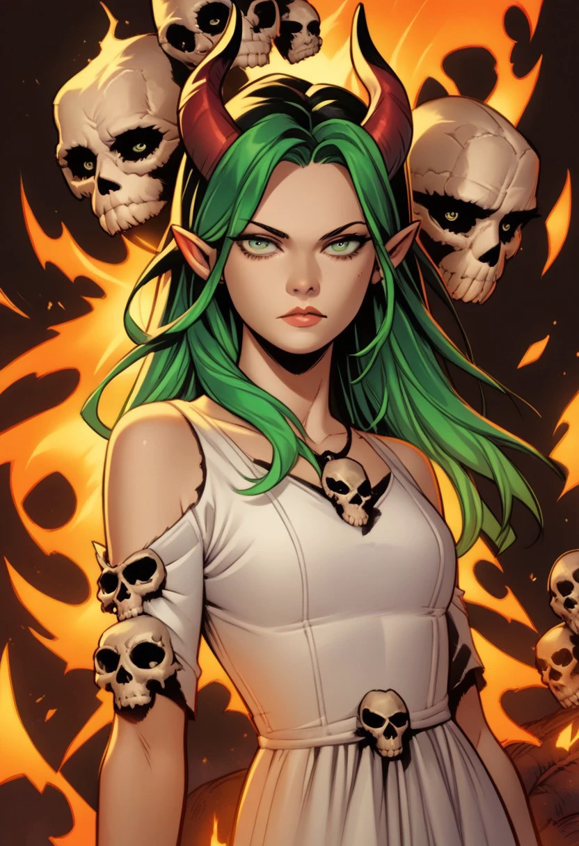 PonyXLV6_Scores BREAK  b4ch3l0,  1girl, pointy ears, green eyes, solo, green hair, skull, looking at viewer, red hair, multicolored hair, long hair, fire, horns, two-tone hair, dress, lips, white dress, source_cartoon, comic art style, illustration,