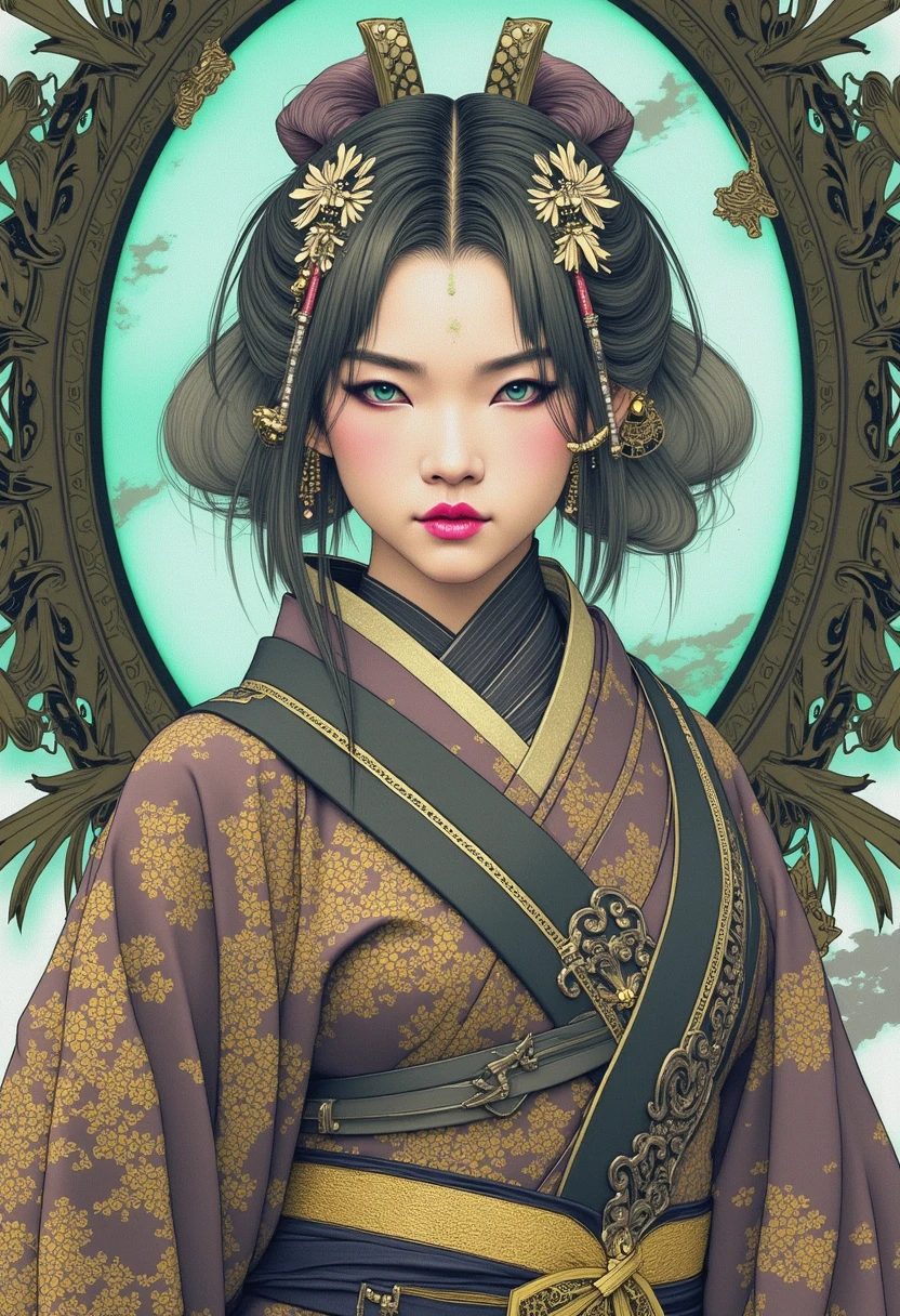 The image is a digital drawing in a highly detailed, traditional Japanese style, specifically a mix of ukiyo-e and modern digital art of imaginative, Stylish chiton with asymmetrical hemlines and intricate details, Luminary, Average Height, Toned, Square Face, Olive Skin, Gray Hair, Blue Eyes with Green Flecks, [[Curved Nose]], Thin Lips, Prominent Chin, Long Hair, Wavy Hair, Wavy Layered Bob, full breasts, Cuff earrings, fuchsia satin lipstick, Enigmatic portal shrouded in myth and beckoning to other realms