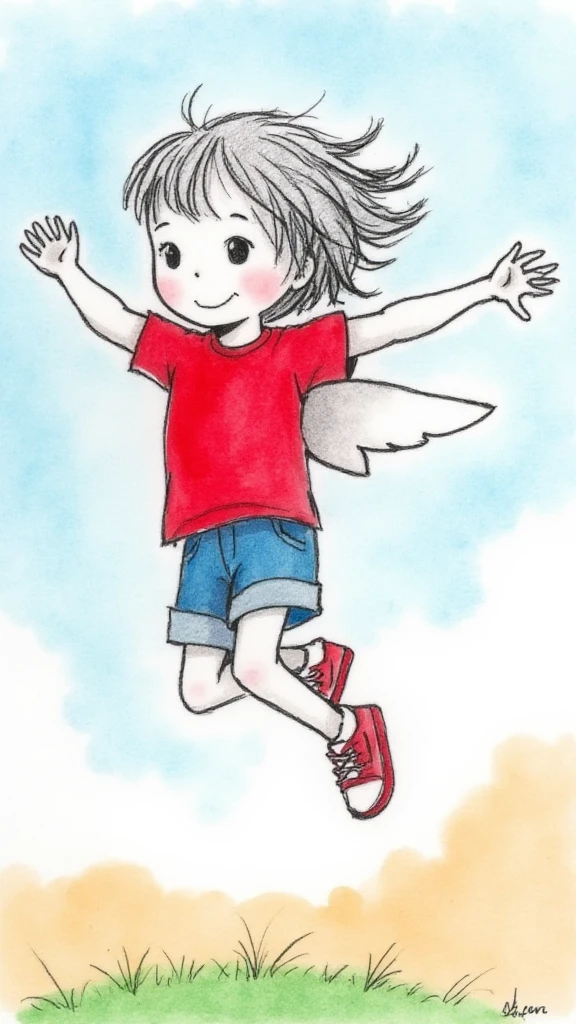 pencil draw line,pencil draw line,a red shirt girl jump, wings, colorful sky