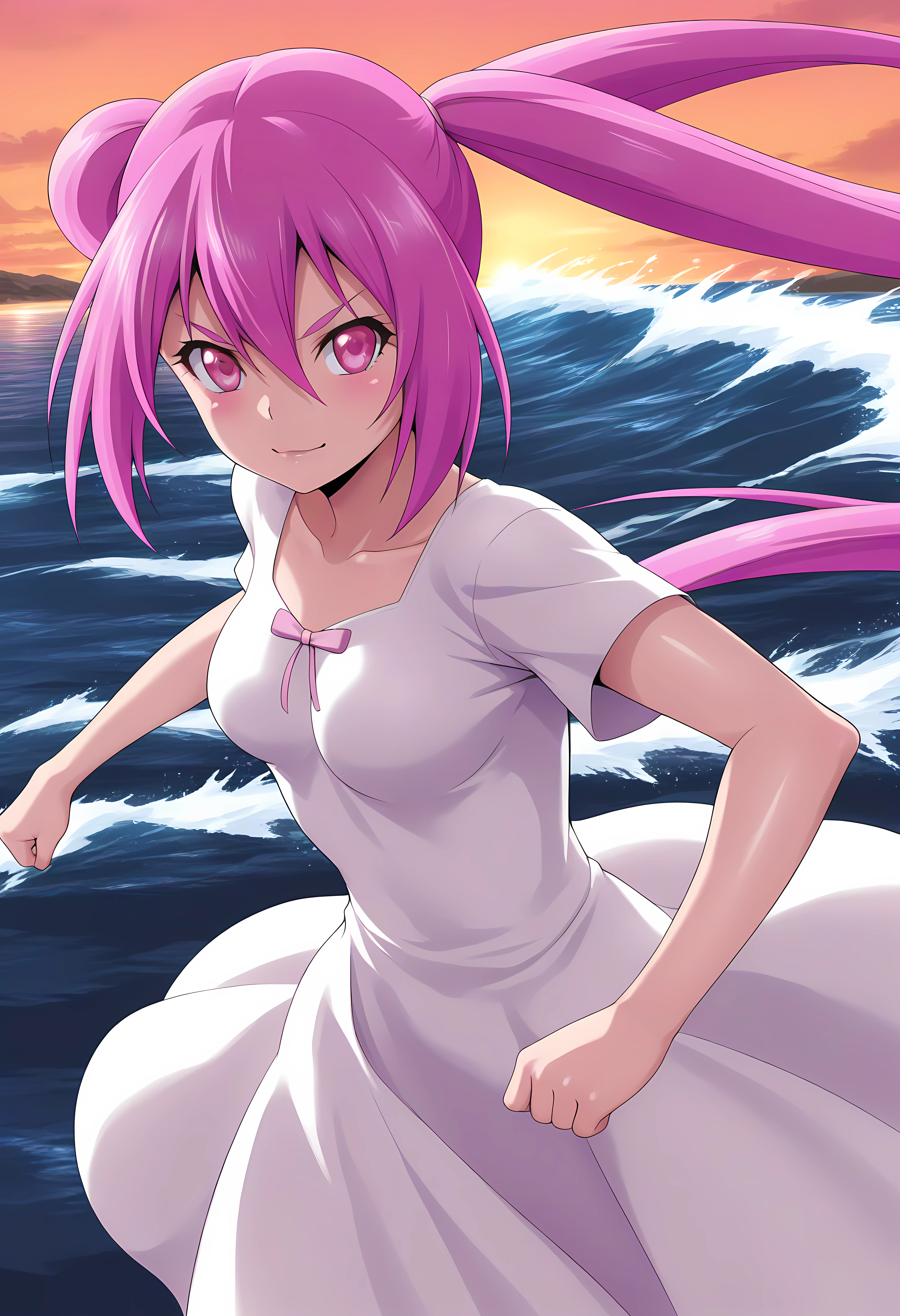 looking at viewer, shiny skin, upper body, light smile, petite,ohwx, long_hair, pink_hair, 1girl, twintails, purple_hair, pink_eyes, breasts, purple_eyes, medium_breasts, large_breasts, hair_between_eyes, very_long_hair, ponytail, v-shaped_eyebrows,dress, white_dress, short_sleeves, Rocky Japanese coastline with waves crashing, sunset colors in sky, rugged and natural beauty,<lora:usagi_tsukishita_illustrious_sobsynapse-000003:1>