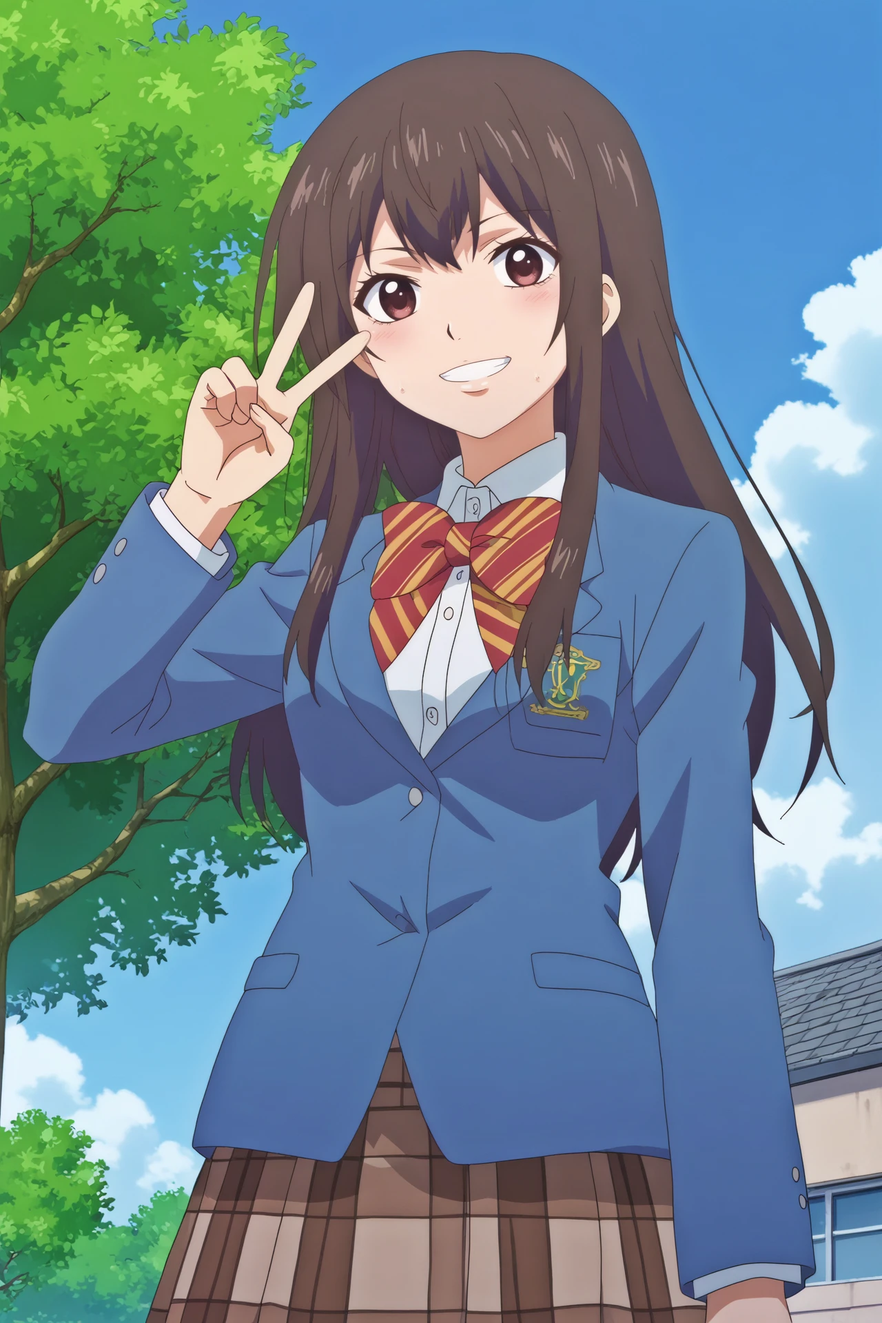 satowa hozuki,1girl,solo,school uniform,long hair,shirt,bow,looking at viewer,skirt,smile,plaid skirt,jacket,blue jacket,smile,peace sign,upper body
BREAK
outdoors,blue sky,cloudy_sky, school building,tree

<lora:Satowa_Hozuki_-_Kono_Oto_Tomare.safetensors:0.8>
<lora:detailed_backgrounds_v2.safetensors:0.5>