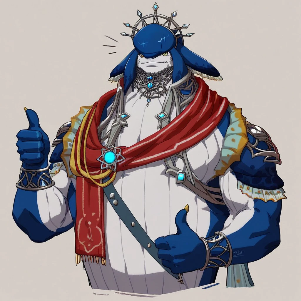 Score_7_up, score_8_up, upper body, dorephan, zora, blue skin, large male, intricate outfit, crown, scarf, (thumbs up), simple background, yellow eyes,