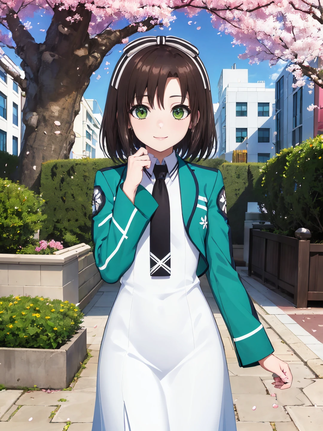 <lora:Saegusa_Izumi_0R:0.7>
saegusaizumi, brown hair, medium hair, green eyes, white hair ribbon
first high school uniform, green jacket, white dress, (long skirt:1.2), black necktie, long sleeves
masterpiece, best quality, ultra-detailed, detailed, detailed skin, absurdres, 8k, digital art
1girl, solo, facing viewer, standing, looking at viewer, smile, standing, cowboy shot
(outdoors, futuristic, science fiction, park, city, building, tree, bush, flower bed, street, stone floor, cherry blossoms)