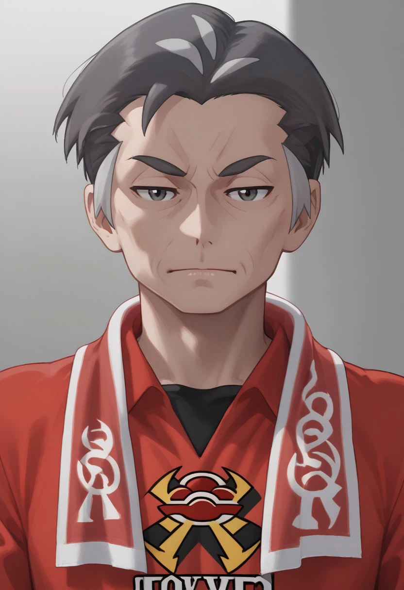 KabuPokemon, White and grey hair, old, Male, Muscular, black iris, black eye colour, 
Shirt, long sleeves, 
towel around shoulders, portrait