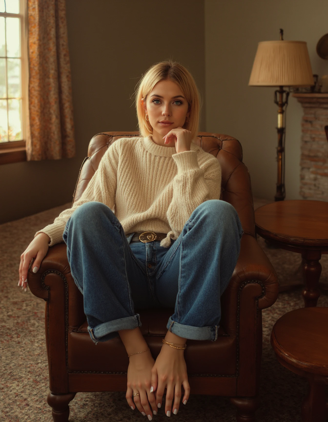 A blonde woman with fair skin and radiant blue eyes sits on a vintage leather sofa, her bare feet tucked beneath her. She wears a cozy cream sweater and faded blue jeans, her expression serene and thoughtful. The scene is bathed in warm, golden hour light filtering through a large window, casting soft shadows and highlighting the rich textures of the room. The background features a rustic wooden coffee table and a fireplace with a mantel adorned with vintage photographs. The lighting setup includes a soft, diffused key light from the window and a warm fill light from a nearby table lamp, creating a cozy and inviting atmosphere. The image is styled with the cinematic quality of a Wes Anderson film, featuring meticulous composition, slight film grain, and a subtle, warm color grading that enhances the nostalgic and intimate mood. <lora:Handfeet_-_Flux:1>