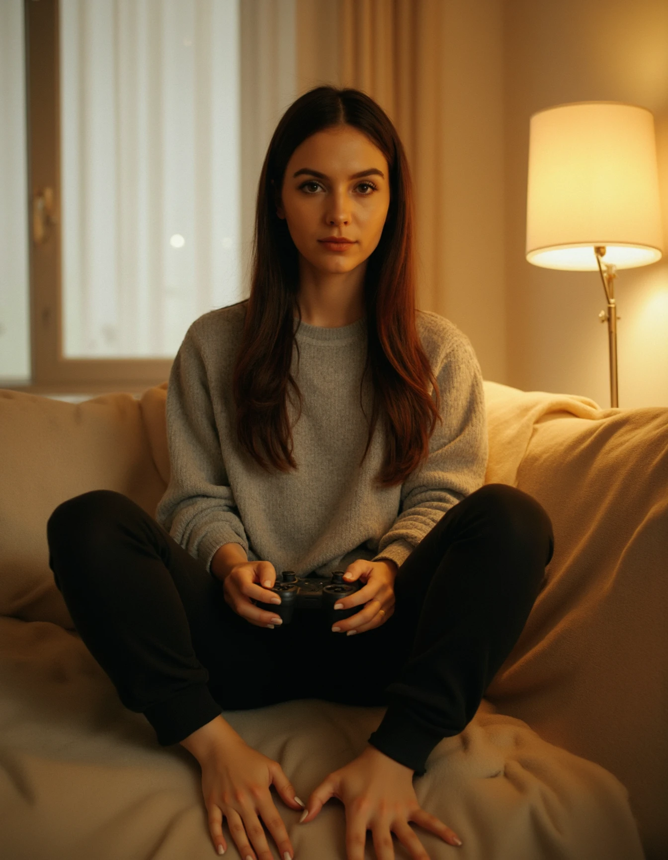 A brunette woman with warm, olive-toned skin sits on a cozy, cream-colored sofa, her bare feet curled beneath her. She wears a soft, gray hoodie and black leggings, her expression focused as she holds a game controller with her feet. The scene is bathed in warm, golden light from a soft lamp placed to her right, casting gentle shadows and highlighting the texture of the fabric. The background features a minimalist living room with a large window letting in natural light, creating a serene and inviting atmosphere. The film grain is subtle, with a warm, nostalgic color grading that enhances the cozy, intimate mood. <lora:Handfeet_-_Flux:1>