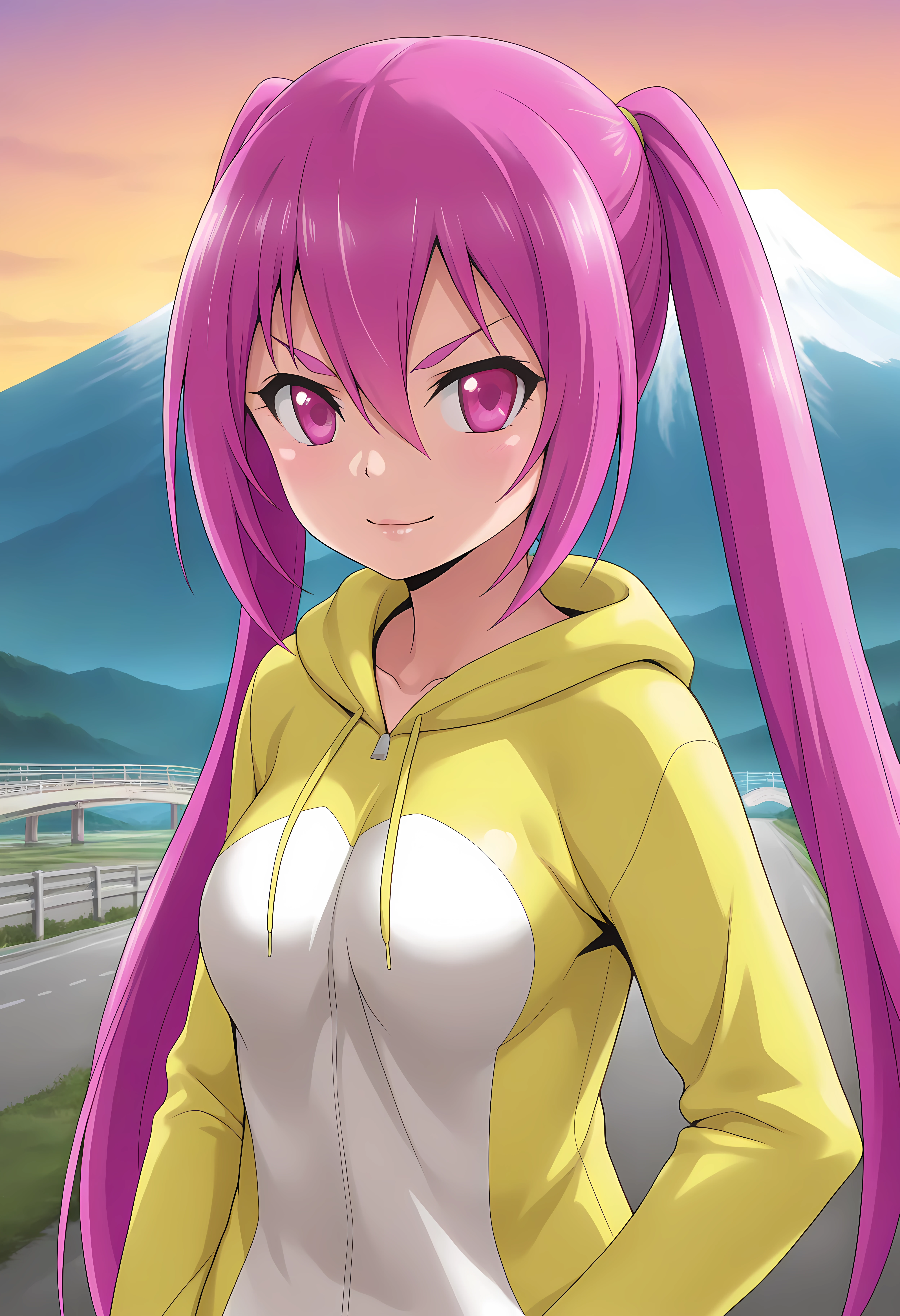 looking at viewer, shiny skin, upper body, light smile, petite,ohwx, long_hair, pink_hair, 1girl, twintails, purple_hair, pink_eyes, breasts, purple_eyes, medium_breasts, large_breasts, hair_between_eyes, very_long_hair, ponytail, v-shaped_eyebrows,hood, hoodie, hood_down, View of Mount Fuji through a torii gate, early morning light, peaceful and majestic landscape,<lora:usagi_tsukishita_illustrious_sobsynapse-000003:1>