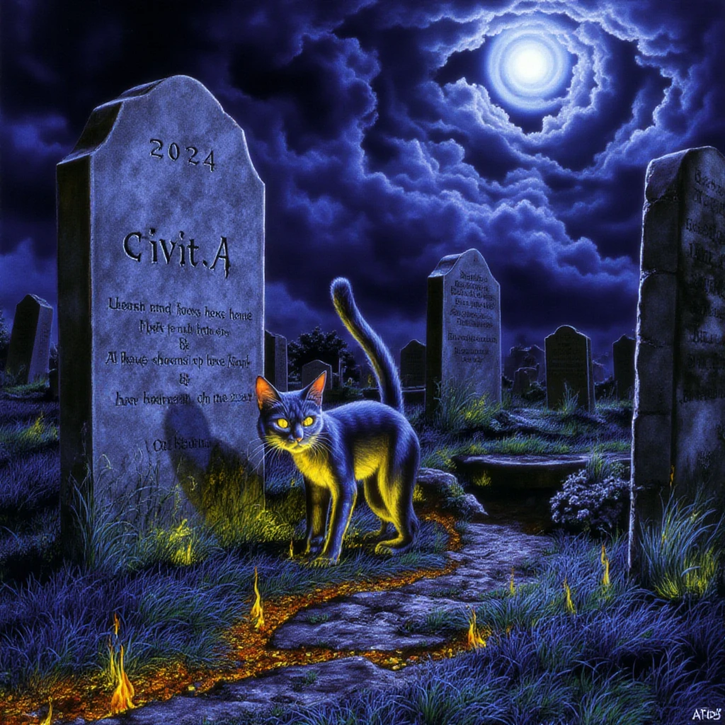 A cat in a graveyard, painting in the style of ir0nm41d3n artstyle, the scene has a fire trail and smoke. The tombstone says: 'CivitAI' in one line and '2024' in another one.